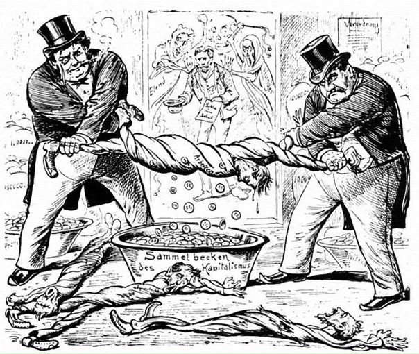 Карикатура новые отношения бизнесменов и рабочих Швеция 1896 год.